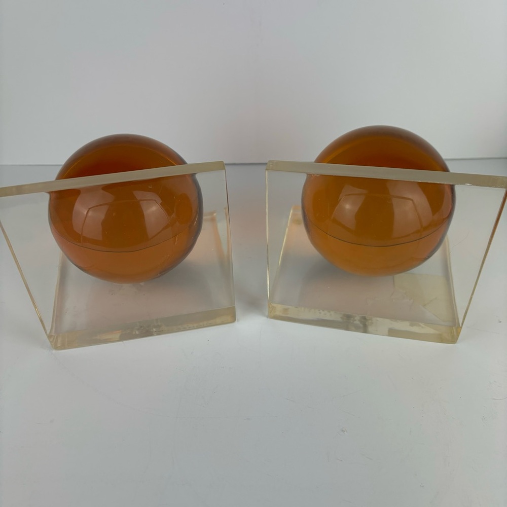 Vintage Modern Thomas O’Brian-Amber Lucite Sphere Bookends - Pair - Picture 5 of 15